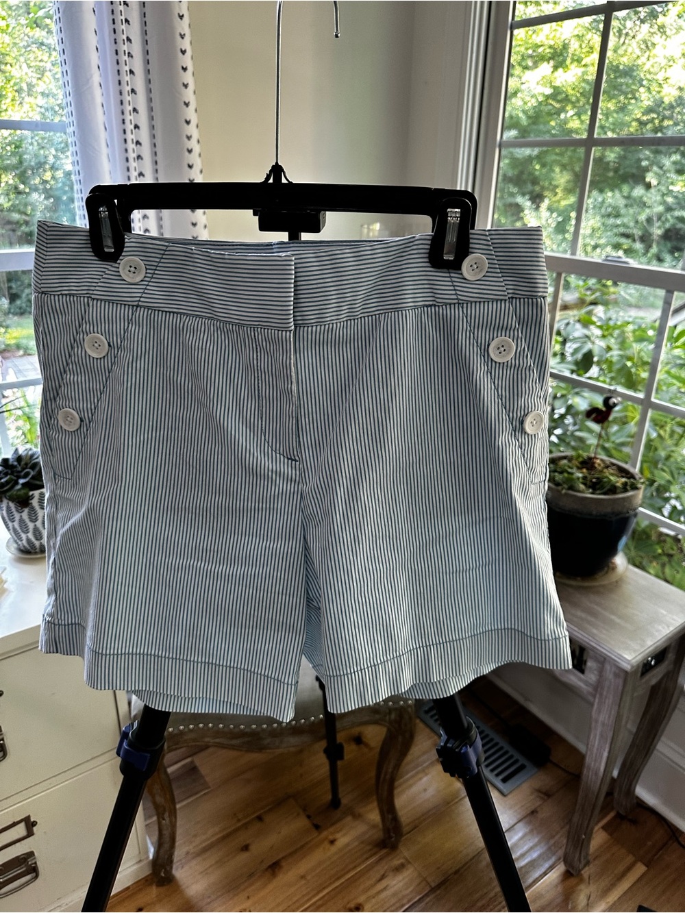 LOFT Blue & White Pinstripe High-Waist Shorts